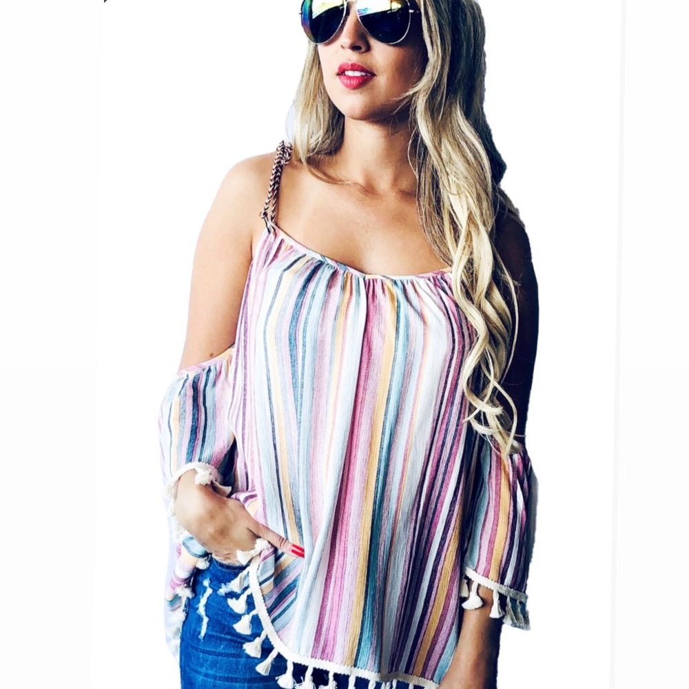 Rainbow Striped Off-Shoulder Lace Trim Tassel Top